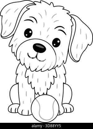 Flauschiger slowakischer Zeiger oder ähnliche Rasse, die mit Tennisball sitzt. Schwarz-weiße Strichgrafik im Doodle-Stil. Ideal für Illustrationen mit Tiermotiven, lustige Ideen für Bastelprojekte und Ausmalseiten. Stock Vektor