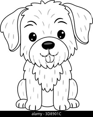 Flauschiger slowakischer Zeiger oder ähnliche Rasse sitzend mit der Zunge heraus. Schwarz-weiße Strichgrafik im Doodle-Stil. Ideal für Illustrationen mit Tiermotiven, lustige Ideen für Bastelprojekte und Ausmalseiten. Stock Vektor