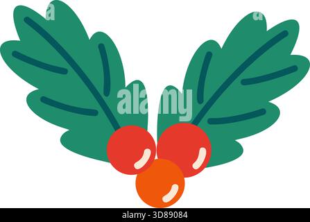 Grüne stechpalmenblätter mit drei knallroten Beeren. Vektorabbildung mit flachem Stil. Ideal für Feiertagsgrenzen, Grußkartendesign, Winterhochzeitgrafiken, Weihnachten und Neujahr. Stock Vektor