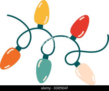 Farbenfrohe Lichterketten mit festlichen Glühbirnen. Vektorabbildung mit flachem Stil. Ideal für saisonale Grenzen, Weihnachtsdekoration, Grußkarten, Aufkleber, Grafiken für Weihnachten und Neujahrsfeier Stock Vektor