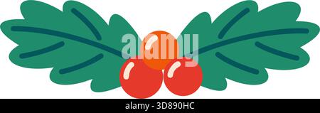 Grüne stechpalmenblätter mit drei knallroten Beeren. Vektorabbildung mit flachem Stil. Ideal für Feiertagsgrenzen, Grußkartendesign, Winterhochzeitgrafiken, Weihnachten und Neujahr. Stock Vektor