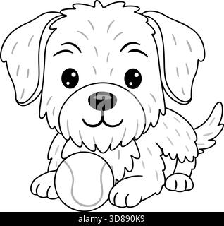 Flauschiger slowakischer Zeiger oder ähnliche Rasse, die mit Tennisball sitzt. Schwarz-weiße Strichgrafik im Doodle-Stil. Ideal für Illustrationen mit Tiermotiven, lustige Ideen für Bastelprojekte und Ausmalseiten. Stock Vektor