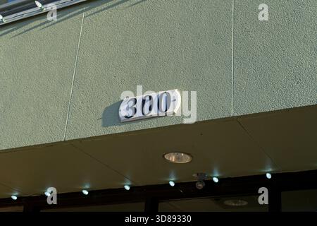 Haus Nr. 300 auf strukturierter grüner Wand mit Lichterketten Stockfoto