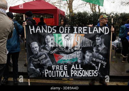 LONDON, 29. NOVEMBER: Demonstranten halten das Banner „Hände weg von Irland“ hoch. Nationalfeiertag für den Palästinensermarsch, Demonstranten marschieren zur Unterstützung des Gazastreifens und des Westjordanlands. Quelle: Charlie McCaldwell/Alamy Live News Stockfoto