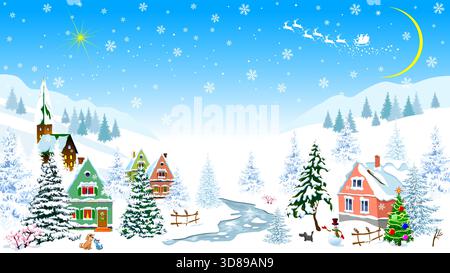 Winterdörflandschaft. Kleine Häuser, die mit Schnee bedeckt sind. Schneeflocken am Nachthimmel. Silhouette des Weihnachtsmanns in einem Schlitten mit Rentieren gegen die M Stock Vektor