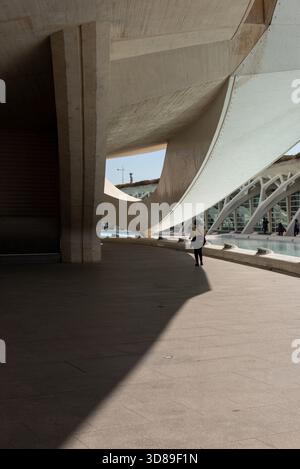Die Stadt der Künste und Wissenschaften in Valencia, Spanien, mit ihrer kultigen futuristischen Architektur, reflektierenden Wasserpools und beeindruckenden geometrischen Strukturen Stockfoto
