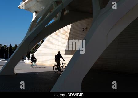 Die Stadt der Künste und Wissenschaften in Valencia, Spanien, mit ihrer kultigen futuristischen Architektur, reflektierenden Wasserpools und beeindruckenden geometrischen Strukturen Stockfoto