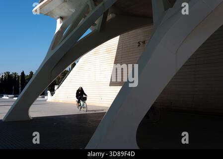 Die Stadt der Künste und Wissenschaften in Valencia, Spanien, mit ihrer kultigen futuristischen Architektur, reflektierenden Wasserpools und beeindruckenden geometrischen Strukturen Stockfoto