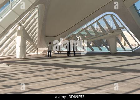 Die Stadt der Künste und Wissenschaften in Valencia, Spanien, mit ihrer kultigen futuristischen Architektur, reflektierenden Wasserpools und beeindruckenden geometrischen Strukturen Stockfoto
