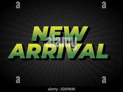 Auffällige Textgrafik mit den Worten New Arrival in Grün und Gelb vor dunklem Hintergrund mit radialen Mustern. Stock Vektor