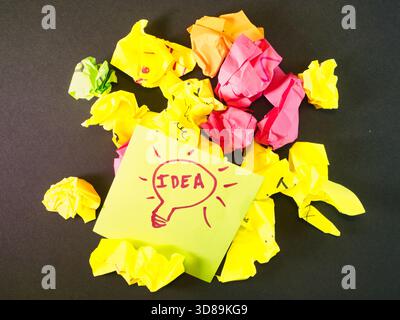 Lightbirb Idea Note Amidst of Discarded Paper – helle Haftnotiz mit einer handgezeichneten Glühbirne und „IDEA“-Text, umgeben von bunten zerknittertem Papier Stockfoto