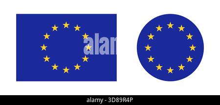 Set aus rechteckiger, runder Flagge der Europäischen Union. Flagge der EU-Sammlung, gelbe Sterne auf blauem Kreis, Rechteck. Flacher Druckknopf mit EU-Flagge Stock Vektor