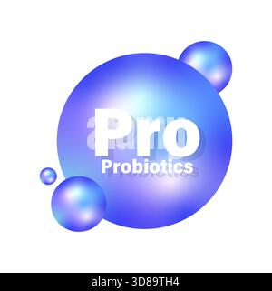 Probiotika-Textsymbol. Blauer Kugelvektor. Symbol für gesunden Darm. Medizinischer Hochglanzball. EPS 10. Stock Vektor