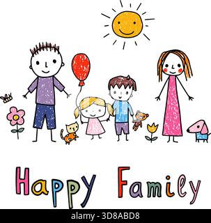 Nette Hand gezeichnete Vektorzeichnung der glücklichen Familie, Paar mit Sonne und Tochter in kindlicher Doodle-Art Stock Vektor