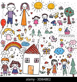 Niedliches Vektor-Set mit kindlichen Doodle-Zeichnungen, Designelement - Kinder, Tiere und Objekte Stock Vektor