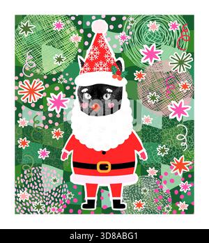 Lustiger Weihnachtsmann mit schwarzer Katze, Vektor-Halbton-Weihnachtscollage für Grußkarten, Banner und Poster Stock Vektor