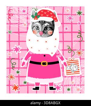 Lustige Hipster Santa Claus Katze mit einer Geschenkbox mit Fisch, lustige Kätzchen Illustrationscollage für Tierfutter Grafik Design Stock Vektor