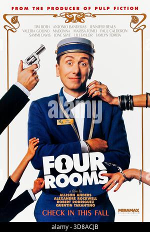 Four Rooms (1995) unter der Regie von Allison anders, Alexandre Rockwell, Robert Rodriguez und Quentin Tarantino mit Tim Roth, Antonio Banderas und Jennifer Beals. An Silvester wird ein nervöser Pagen in vier immer chaotischer werdende Gastgeschichten in einem verblassenden Hollywood-Hotel zerrt. Foto eines Original-Posters aus dem Jahr 1995 (US Advance Poster), das NUR ZUR REDAKTIONELLEN VERWENDUNG VERWENDET WIRD. Quelle: BFA/Miramax Stockfoto