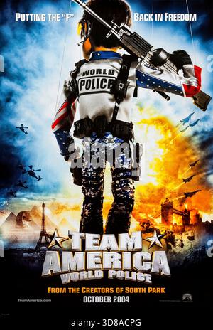 Team America: World Police (2004) unter der Regie von Trey Parker mit Trey Parker, Matt Stone und Kristen Miller. Ein Marionetten-Anti-Terror-Team bekämpft globale Bedrohungen und Prominente, während es versucht, den apokalyptischen Plan des nordkoreanischen Führers Kim Jong Il zu stoppen. Foto eines Original-Posters aus dem Jahr 2004 (US Advance Poster), das NUR ZUR REDAKTIONELLEN VERWENDUNG VERWENDET WIRD. Quelle: BFA / Paramount Pictures Stockfoto