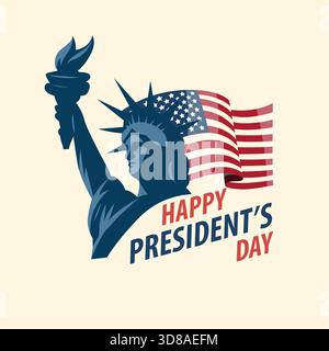 Patriotische Illustration zum Tag des Präsidenten mit der Freiheitsstatue und einer schwenkenden amerikanischen Flagge. Perfekt für Weihnachtsbanner, Poster und Celebrati Stock Vektor