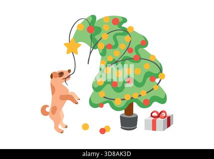 Weihnachtsbaum mit Kugeln und einem Hund, der auf zwei Beinen steht und eine Girlande zieht. Hand gezeichnete Vektor-Illustration für lustige Neujahrskarten, banne Stock Vektor