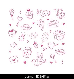 Ein süßes Set romantischer Kritzeleien mit Herzen und Süßigkeiten. Ideal für Karten und Aufkleber. Perfekt für Valentinstag-Projekte Stock Vektor