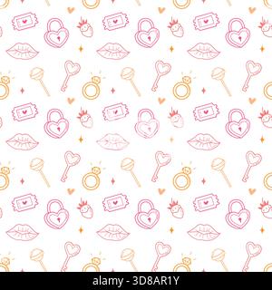 Niedliches nahtloses Muster mit romantischen Ikonen. Ideal für Verpackungen und Textilien. Perfekt für Valentinstag-Designs. Stock Vektor