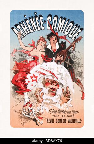 Farbiges lithographisches Poster von Jules Chéret zur Werbung für das Theater Athénée Comique, das jeden Abend eine Auswahl an Revuen, Komödien und Varieté bietet Stockfoto