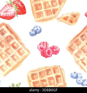 Ein nahtloses Muster mit belgischen Waffeln, Himbeeren, Heidelbeeren, Erdbeeren, in Aquarell auf einem isolierten Hintergrund gemalt. Clip-Art Stockfoto