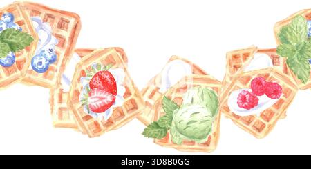 Eine nahtlose horizontale Grenze mit belgischen Waffeln, Himbeeren, Heidelbeeren, Erdbeeren, Schlagsahne, und Mint, mit Aquarell auf einem Isolat gemalt Stockfoto
