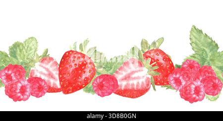 Nahtloser horizontaler Rand mit Himbeeren, Erdbeeren und Minze, in Aquarell auf isoliertem Hintergrund gemalt. Einfaches Clipart mit einem schönen Stockfoto