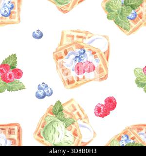 Ein nahtloses Muster mit belgischen Waffeln, Himbeeren, Heidelbeeren, Erdbeeren, Schlagsahne, und Mint, gemalt in Aquarell auf einem isolierten Hintergras Stockfoto