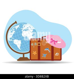 Reise- und Tourismusillustration. Globus mit Koffer und Hut auf weißem Hintergrund. Stock Vektor