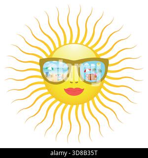 Illustration einer fröhlichen Sonne in Gläsern mit Reflexion der Ruhe auf weißem Hintergrund. Stock Vektor