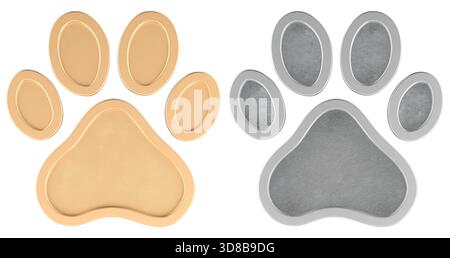 Pfotenmuster in Gold- und Silberoptik mit glänzender Textur und erhöhten Pads. 3D-Rendering isoliert auf weißem Hintergrund Stockfoto