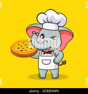 Netter Elefantenkoch Winking mit einer frisch gebackenen Pizza Vektor Illustration Cartoon Kawaii Design Stock Vektor