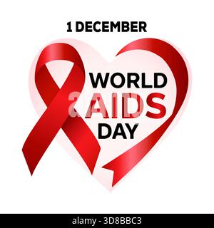 Welt-AIDS-Tag, 1. Dezember. Verfügt über ein rotes Farbband, das ein Herz bildet, mit dem Text „WORLD AIDS DAY“. Perfekt als EPS, JPG oder transparentes PNG Stock Vektor