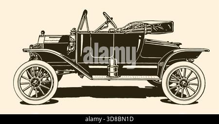 Oldtimer mit offenem Oberdeck in schwarz-weißer Strichgrafik Stock Vektor