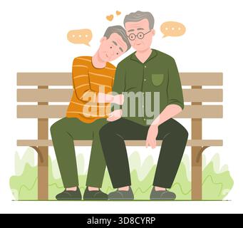 Ältere schwule Männer Paar verliebt sich beim Sitzen auf Bank im Garten für LGBT Beziehungskonzept Illustration Stock Vektor