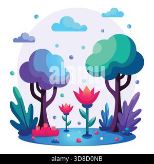 Flache Design Fantasy Waldlandschaft mit stilisierten Bäumen, Blumen und Wolken Stock Vektor