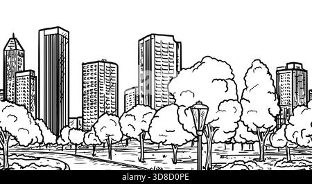 Silhouette der Megalopolis City am Horizont und Straße, Bäume und Gras. Vektorabbildung. Ein Stadtpark mit Laternen und Bänken, nahtlose Grenzmuster Stock Vektor