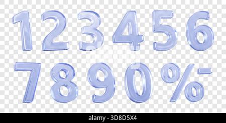 Set aus Zahlen und Symbolen aus blauem Glas mit transparentem Glanz. Jede Ziffer und jedes Symbol wird in 3D mit einem polierten Look gegen eine che gerendert Stock Vektor