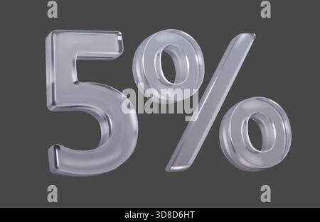 Hochglanzglas Nummer fünf und Prozentzeichen in elegantem, klarem Stil. Lichtreflexionen auf glatten Oberflächen schaffen moderne Ästhetik vor dunklem Hintergrund Stock Vektor