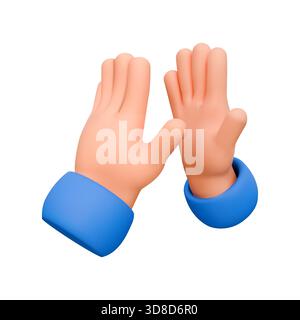 3D-Hände im Cartoon-Stil mit blauen Ärmeln, die aneinander klatschen. Hände drücken Wertschätzung oder Freude aus. Der Hintergrund ist schlicht weiß, wodurch der Farbton hervorgehoben wird Stock Vektor