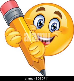 Glückliches Emoji-Emoticon, das einen großen gelben Bleistift mit beiden Händen hält Stock Vektor