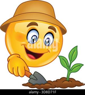 Gärtner Emoji Emoticon pflanzt einen kleinen grünen Spross mit einer Schaufel, trägt einen braunen Hut. Stock Vektor