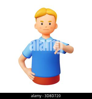 Farbenfrohe 3D-Illustration eines jungen Menschen mit blondem Haar, der eine Geste mit Daumen nach unten zeigt, in einem blauen Hemd und selbstbewusst gegen ein weißes stehend Stock Vektor