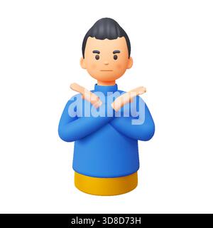 Illustration einer 3D-Zeichentrickfigur in blauem Pullover mit ernstem Ausdruck, der X-Geste mit den Händen macht. Zur Hervorhebung auf weißem Hintergrund einstellen. Stock Vektor