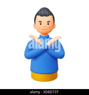 Illustration einer 3D-Zeichentrickfigur in blauem Pullover mit ernstem Ausdruck, der X-Geste mit den Händen macht. Zur Hervorhebung auf weißem Hintergrund einstellen. Stock Vektor