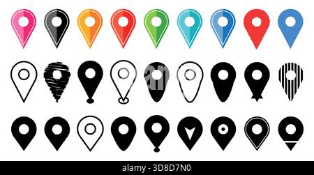 Vektorsammlung neuer Symbole für Kartenstandorte in verschiedenen Stilen für die Navigation in der Web-App gps-Markierungen für die Platzierung von Adressen Stock Vektor